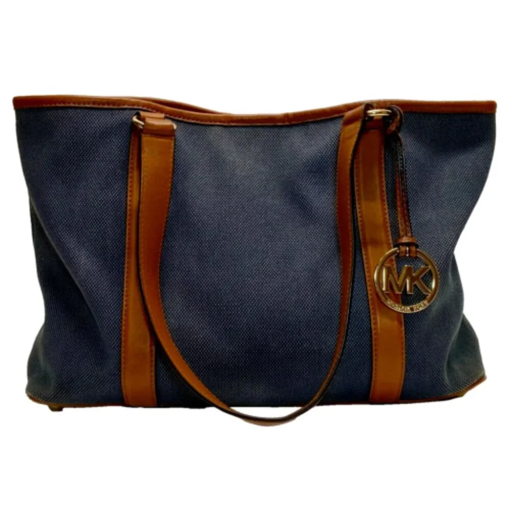 Michael Kors Canvas with Leather Trim Oversized Tote Denim & Brown Rare GUC - Picture 1 of 15